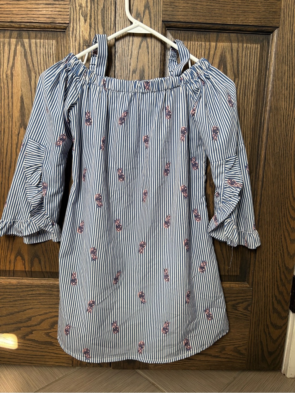 Japna kids Blue and White Striped Off-Shoulder Dress with Pink Floral Accents